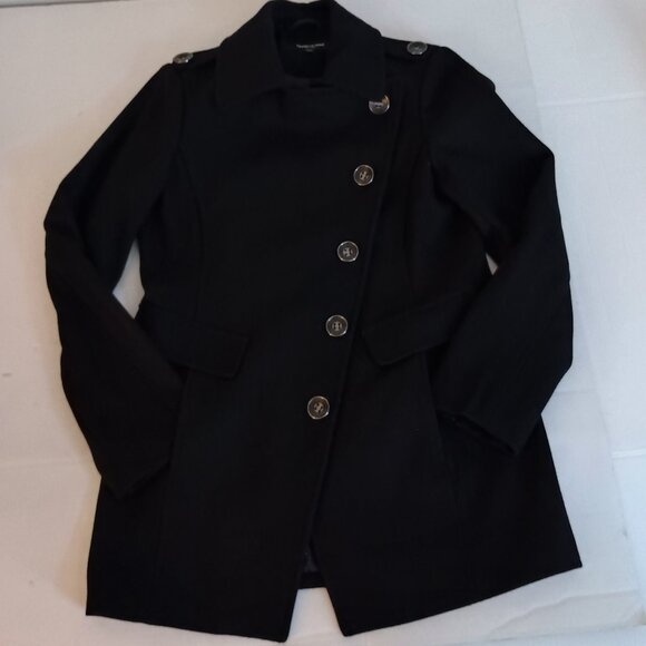 Kenneth Cole Asymmetrical Wool Blend Black Double Breasted Pea Coat Womens Small - Picture 4 of 15